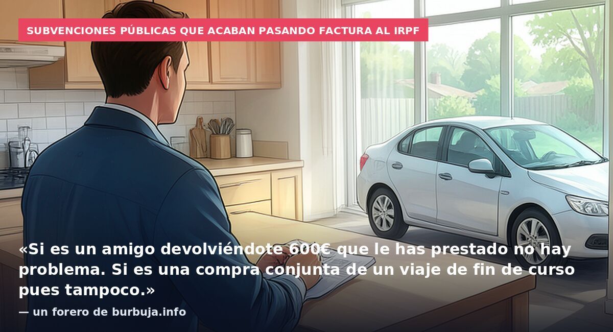 Subvenciones públicas que acaban pasando factura al IRPF: «Si es un amigo devolviéndote 600€ que le has prestado no hay problema. Si es una compra conjunta de un viaje de fin de curso pues tampoco.» — un forero de burbuja.info
