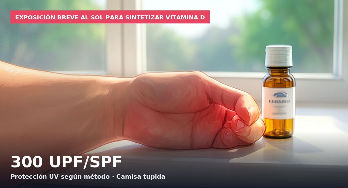 Exposición breve al sol para sintetizar vitamina D: 300 UPF/SPF Protección UV según método · Camisa tupida