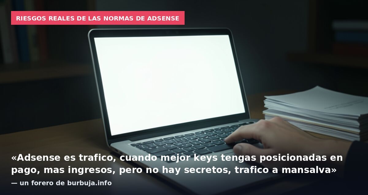 Riesgos reales de las normas de AdSense: «Adsense es trafico, cuando mejor keys tengas posicionadas en pago, mas ingresos, pero no hay secretos, trafico a mansalva» — un forero de burbuja.info