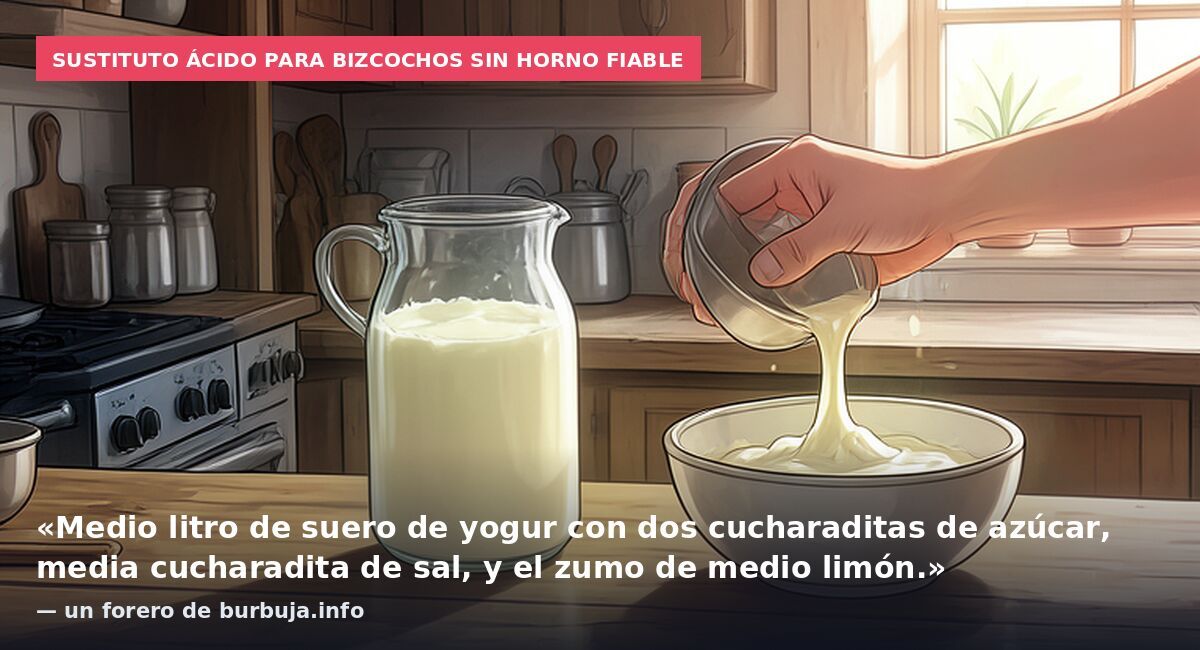 Sustituto ácido para bizcochos sin horno fiable: «Medio litro de suero de yogur con dos cucharaditas de azúcar, media cucharadita de sal, y el zumo de medio limón.» — un forero de burbuja.info