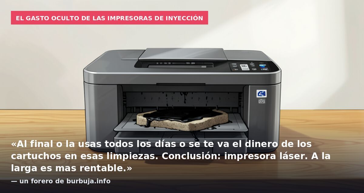 El gasto oculto de las impresoras de inyección: «Al final o la usas todos los días o se te va el dinero de los cartuchos en esas limpiezas. Conclusión: impresora láser. A la larga es mas rentable.» — un forero de burbuja.info