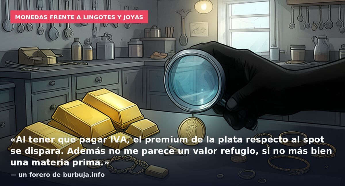 Monedas frente a lingotes y joyas: «Al tener que pagar IVA, el premium de la plata respecto al spot se dispara. Además no me parece un valor refugio, si no más bien una materia prima.» — un forero de burbuja.info