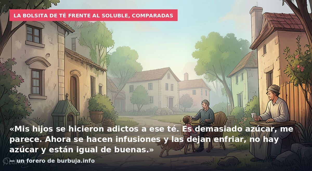 La bolsita de té frente al soluble, comparadas: «Mis hijos se hicieron adictos a ese té. Es demasiado azúcar, me parece. Ahora se hacen infusiones y las dejan enfriar, no hay azúcar y están igual de buenas.» — un forero de burbuja.info