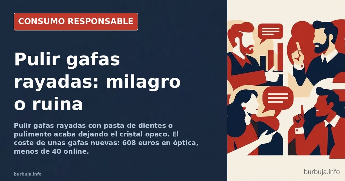 Gafas graduadas con cristales rayados sobre una mesa, junto a un tubo de pasta de dientes y un paño
