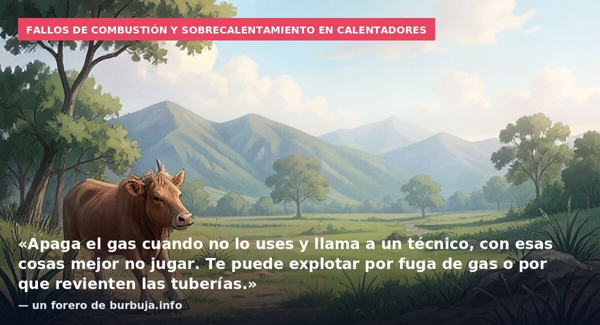 Fallos de combustión y sobrecalentamiento en calentadores: «Apaga el gas cuando no lo uses y llama a un técnico, con esas cosas mejor no jugar. Te puede explotar por fuga de gas o por que revienten las tuberías.» — un forero de burbuja.info