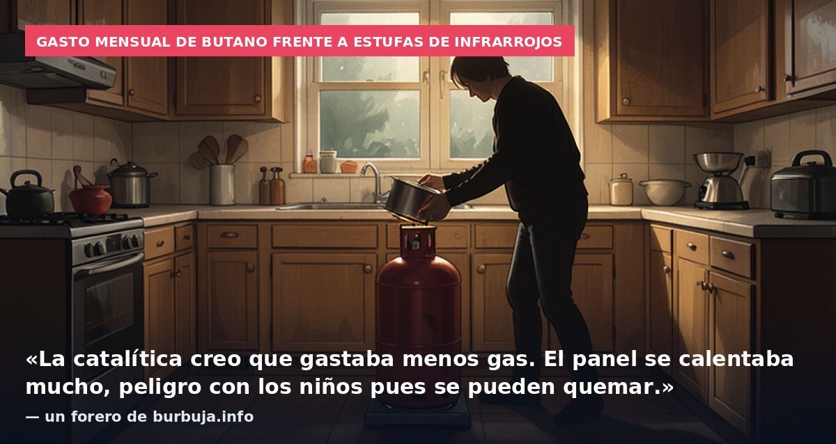 Gasto mensual de butano frente a estufas de infrarrojos: «La catalítica creo que gastaba menos gas. El panel se calentaba mucho, peligro con los niños pues se pueden quemar.» — un forero de burbuja.info