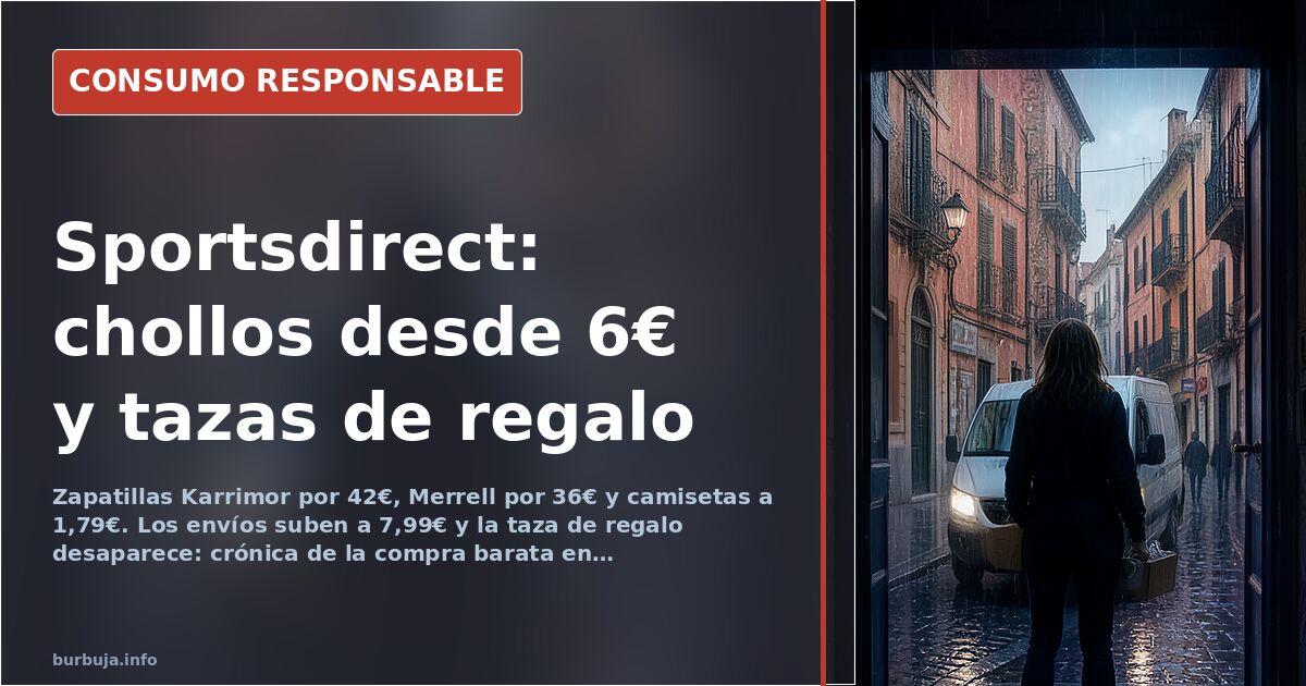 Zapatillas deportivas Karrimor y Merrell apiladas junto a una caja de envío de Sportsdirect.com en un suelo de madera