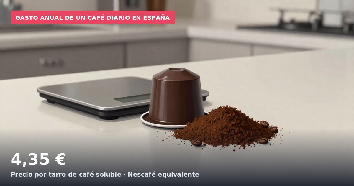 Gasto anual de un café diario en España: 4,35 € Precio por tarro de café soluble · Nescafé equivalente
