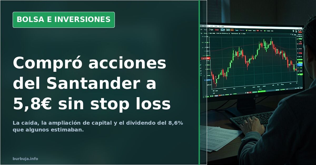 Gráfico de velas japonesas en terminal financiera con caída del valor Santander y línea de soporte en 5,8 euros