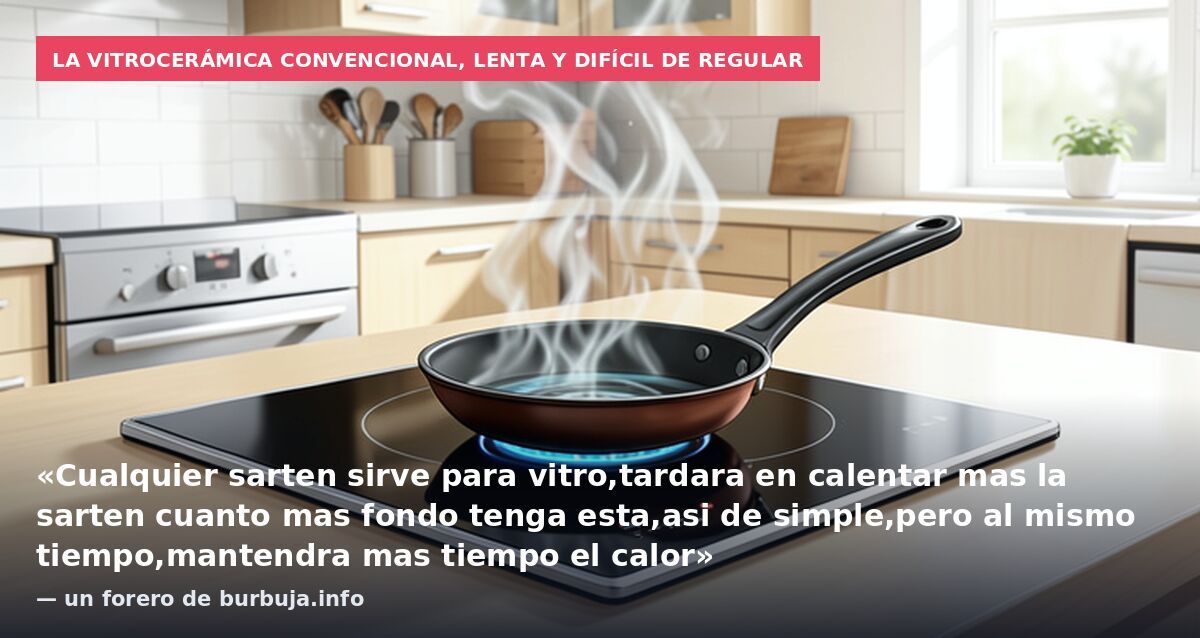 La vitrocerámica convencional, lenta y difícil de regular: «Cualquier sarten sirve para vitro,tardara en calentar mas la sarten cuanto mas fondo tenga esta,asi de simple,pero al mismo tiempo,mantendra mas tiempo el calor» — un forero de burbuja.info