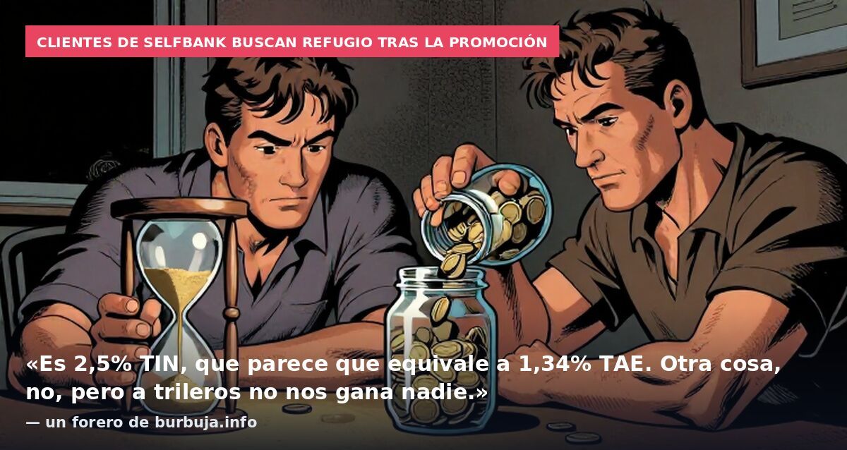 Clientes de Selfbank buscan refugio tras la promoción: «Es 2,5% TIN, que parece que equivale a 1,34% TAE. Otra cosa, no, pero a trileros no nos gana nadie.» — un forero de burbuja.info