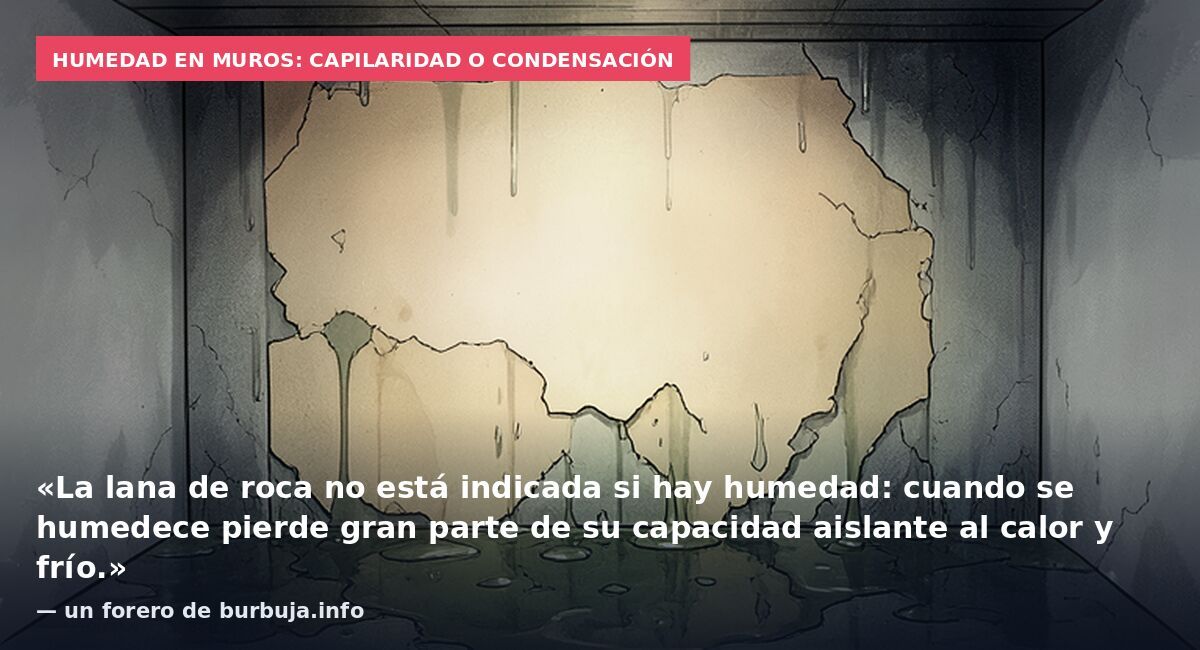 Humedad en muros: capilaridad o condensación: «La lana de roca no está indicada si hay humedad: cuando se humedece pierde gran parte de su capacidad aislante al calor y frío.» — un forero de burbuja.info
