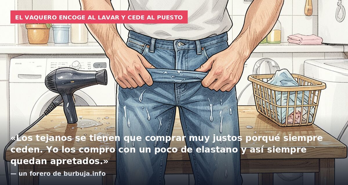 El vaquero encoge al lavar y cede al puesto: «Los tejanos se tienen que comprar muy justos porqué siempre ceden. Yo los compro con un poco de elastano y así siempre quedan apretados.» — un forero de burbuja.info