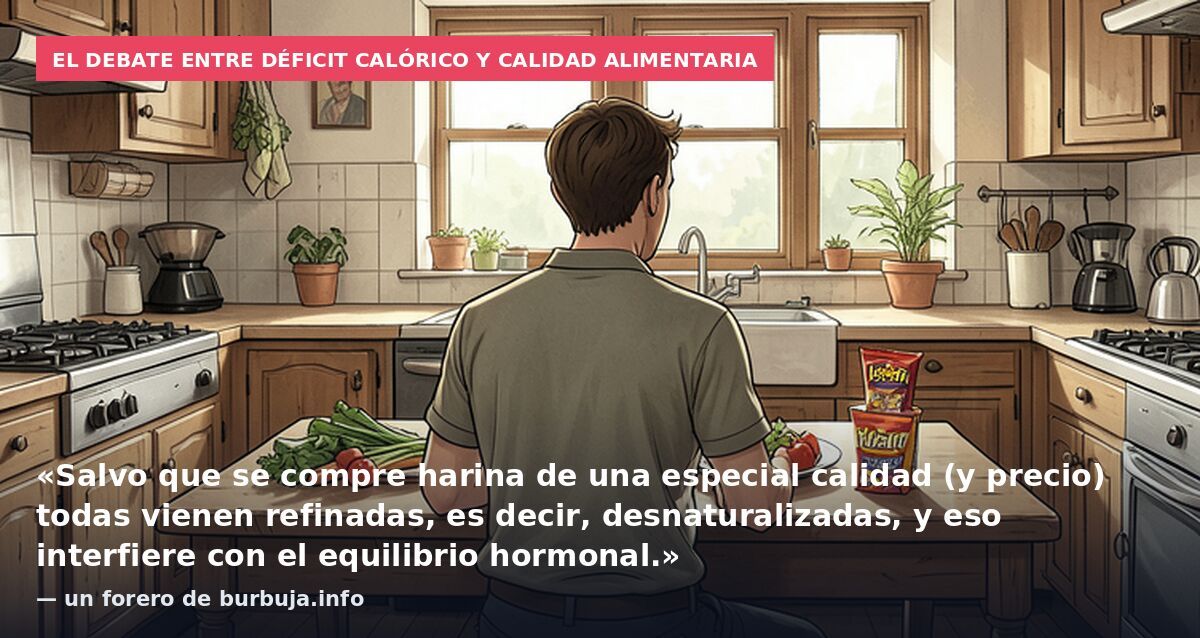 El debate entre déficit calórico y calidad alimentaria: «Salvo que se compre harina de una especial calidad (y precio) todas vienen refinadas, es decir, desnaturalizadas, y eso interfiere con el equilibrio hormonal.» — un forero de burbuja.info