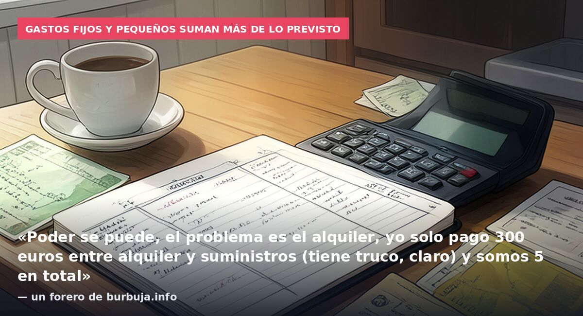 Gastos fijos y pequeños suman más de lo previsto: «Poder se puede, el problema es el alquiler, yo solo pago 300 euros entre alquiler y suministros (tiene truco, claro) y somos 5 en total» — un forero de burbuja.info