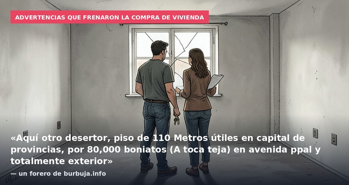 Advertencias que frenaron la compra de vivienda: «Aquí otro desertor, piso de 110 Metros útiles en capital de provincias, por 80,000 boniatos (A toca teja) en avenida ppal y totalmente exterior» — un forero de burbuja.info