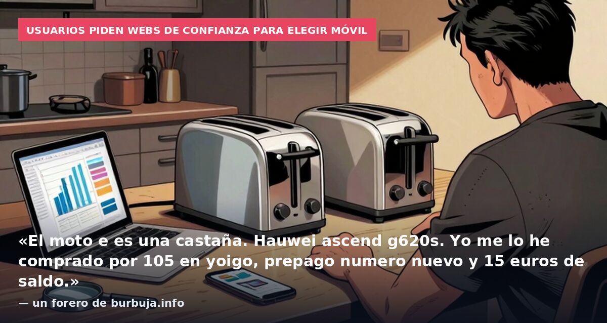 Usuarios piden webs de confianza para elegir móvil: «El moto e es una castaña. Hauwei ascend g620s. Yo me lo he comprado por 105 en yoigo, prepago numero nuevo y 15 euros de saldo.» — un forero de burbuja.info