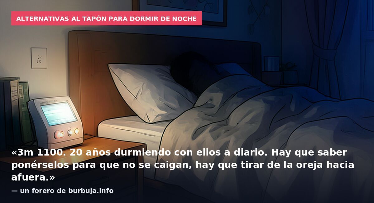 Alternativas al tapón para dormir de noche: «3m 1100. 20 años durmiendo con ellos a diario. Hay que saber ponérselos para que no se caigan, hay que tirar de la oreja hacia afuera.» — un forero de burbuja.info
