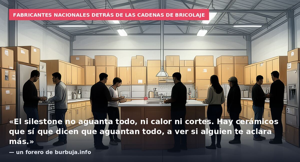 Fabricantes nacionales detrás de las cadenas de bricolaje: «El silestone no aguanta todo, ni calor ni cortes. Hay cerámicos que sí que dicen que aguantan todo, a ver si alguien te aclara más.» — un forero de burbuja.info