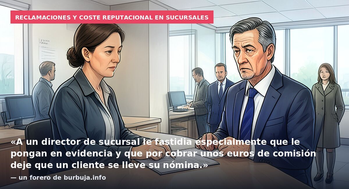 Reclamaciones y coste reputacional en sucursales: «A un director de sucursal le fastidia especialmente que le pongan en evidencia y que por cobrar unos euros de comisión deje que un cliente se lleve su nómina.» — un forero de burbuja.info
