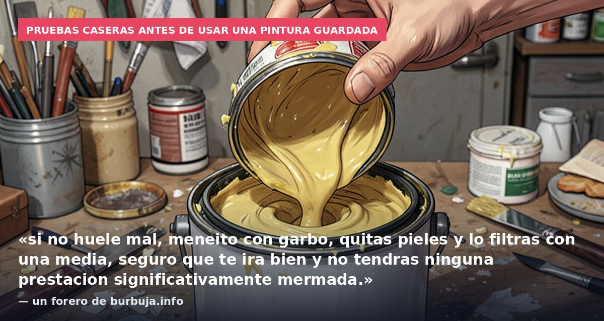 Pruebas caseras antes de usar una pintura guardada: «si no huele mal, meneito con garbo, quitas pieles y lo filtras con una media, seguro que te ira bien y no tendras ninguna prestacion significativamente mermada.» — un forero de burbuja.info