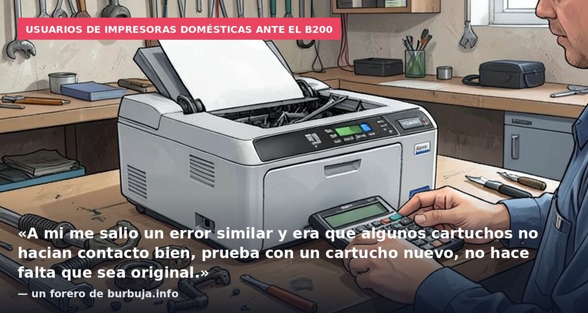 Usuarios de impresoras domésticas ante el B200: «A mi me salio un error similar y era que algunos cartuchos no hacian contacto bien, prueba con un cartucho nuevo, no hace falta que sea original.» — un forero de burbuja.info