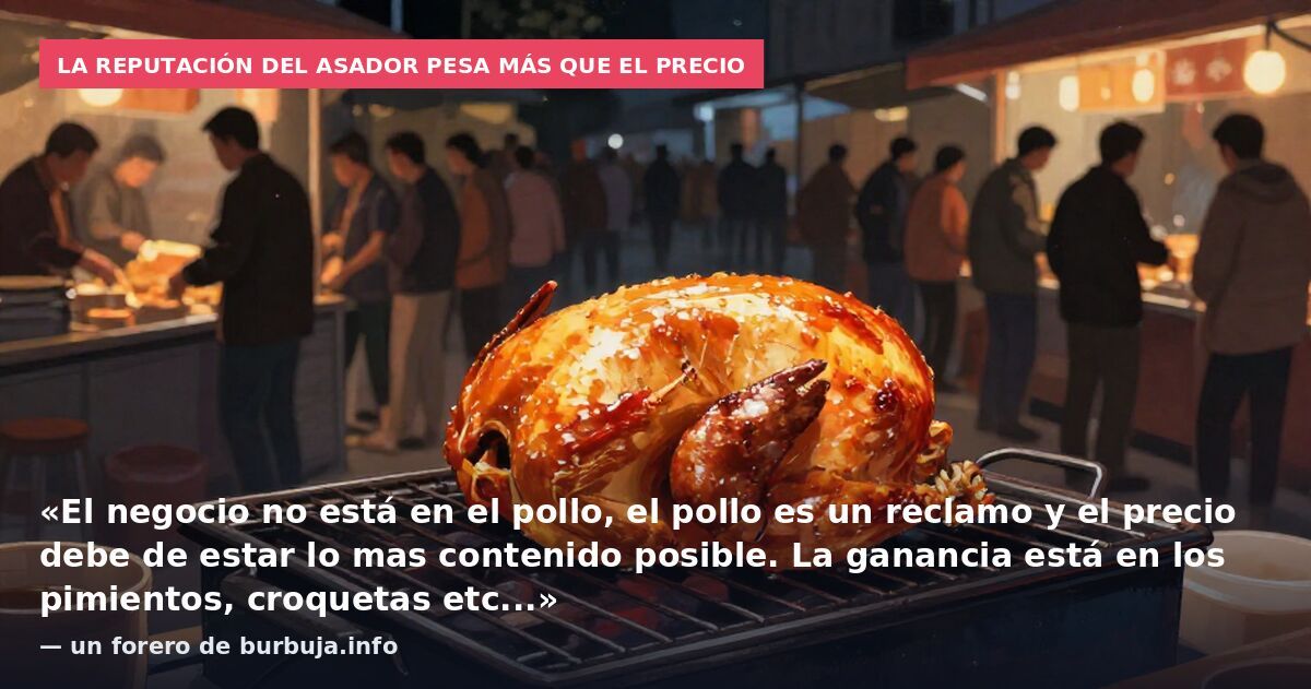 La reputación del asador pesa más que el precio: «El negocio no está en el pollo, el pollo es un reclamo y el precio debe de estar lo mas contenido posible. La ganancia está en los pimientos, croquetas etc...» — un forero de burbuja.info