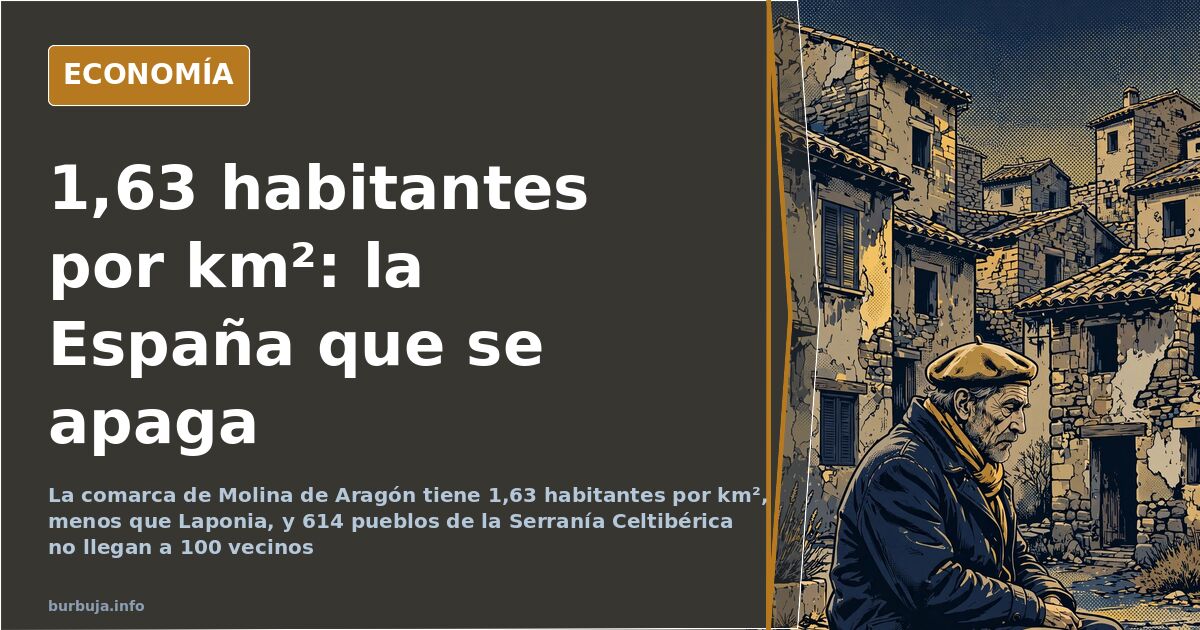 Calle de un pueblo despoblado de la comarca de Molina de Aragón con casas de piedra vacías y ovejas pastando entre los edific