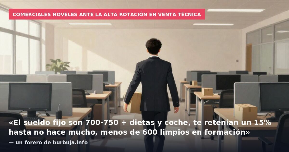 Comerciales noveles ante la alta rotación en venta técnica: «El sueldo fijo son 700-750 + dietas y coche, te retenian un 15% hasta no hace mucho, menos de 600 limpios en formación» — un forero de burbuja.info