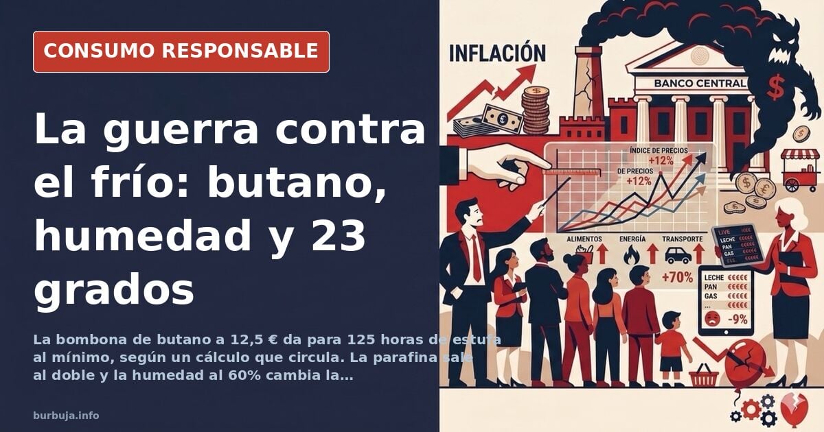 Estufa de butano encendida en una habitación con termómetro marcando temperatura baja y humedad alta