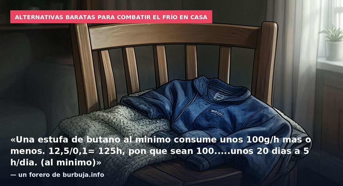 Alternativas baratas para combatir el frío en casa: «Una estufa de butano al minimo consume unos 100g/h mas o menos. 12,5/0,1= 125h, pon que sean 100.....unos 20 dias a 5 h/dia. (al minimo)» — un forero de burbuja.info