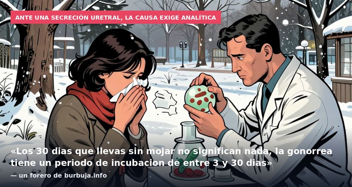Ante una secreción uretral, la causa exige analítica: «Los 30 dias que llevas sin mojar no significan nada, la gonorrea tiene un periodo de incubacion de entre 3 y 30 dias» — un forero de burbuja.info