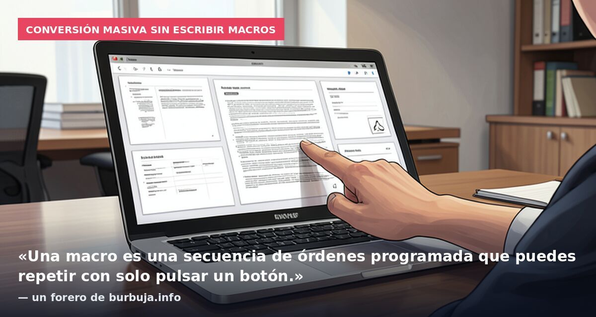 Conversión masiva sin escribir macros: «Una macro es una secuencia de órdenes programada que puedes repetir con solo pulsar un botón.» — un forero de burbuja.info