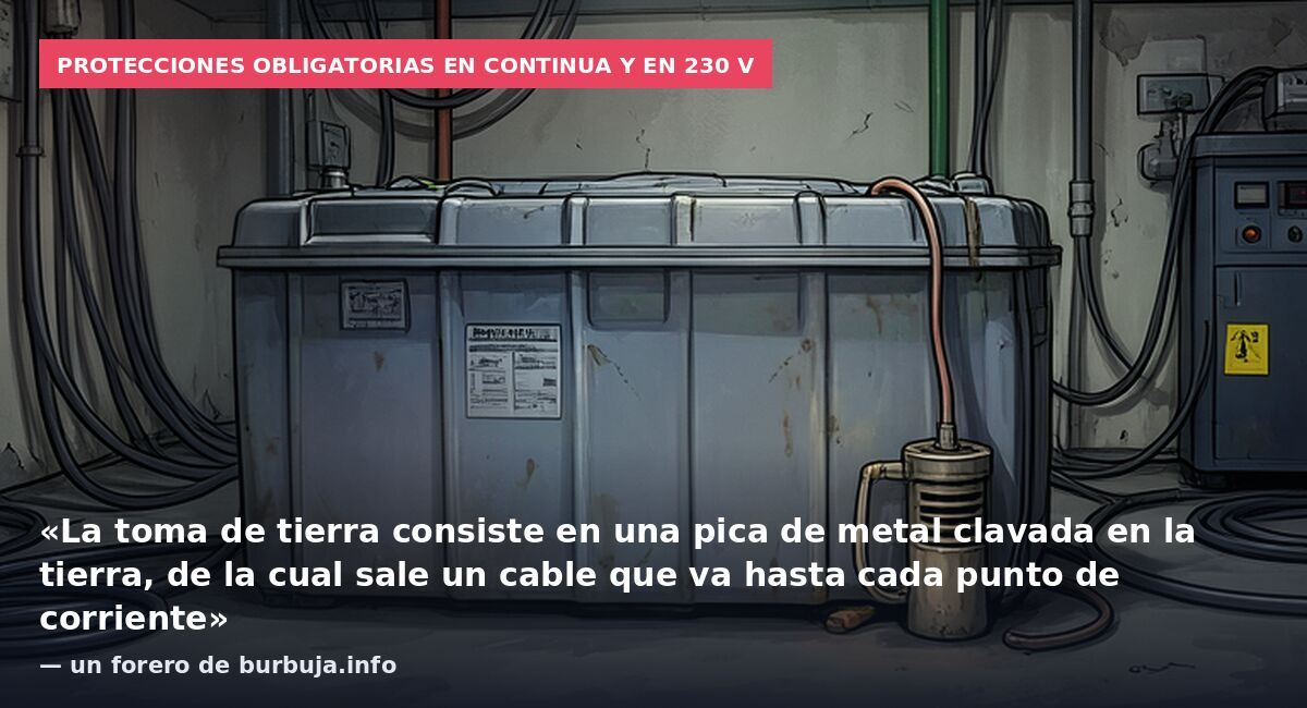Protecciones obligatorias en continua y en 230 V: «La toma de tierra consiste en una pica de metal clavada en la tierra, de la cual sale un cable que va hasta cada punto de corriente» — un forero de burbuja.info