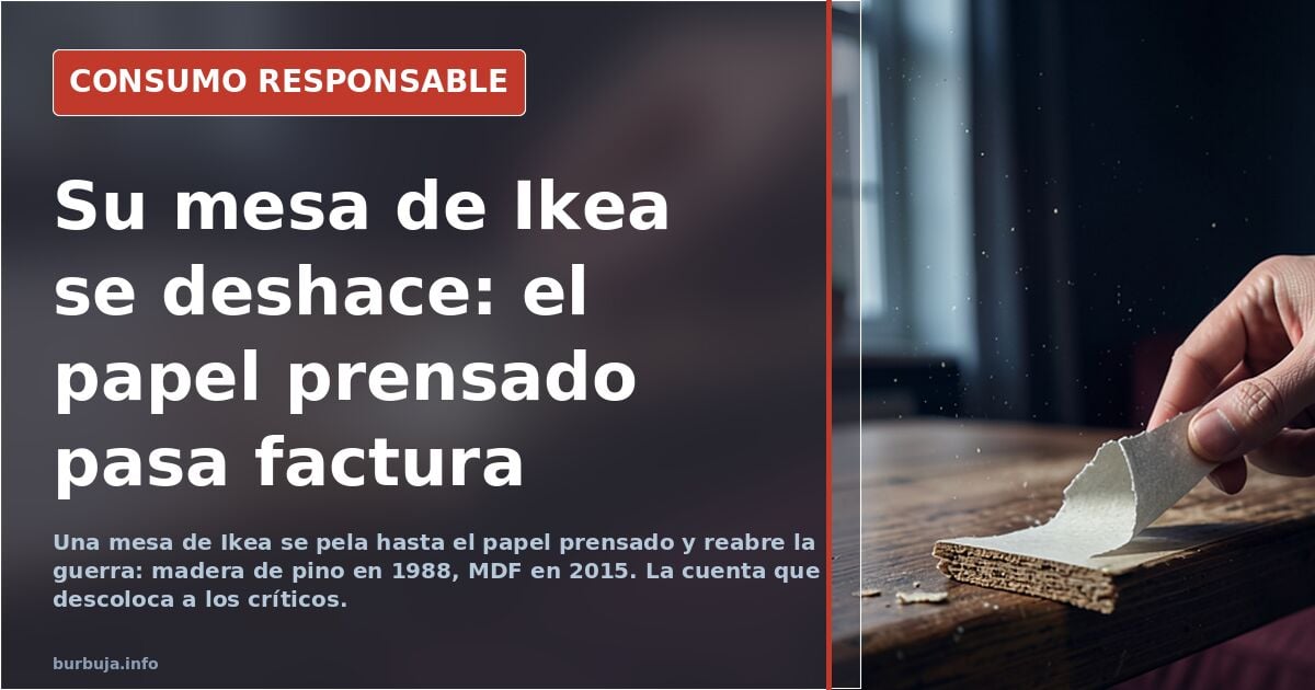 Mesa de comedor de Ikea con el tablero desgastado y el recubrimiento levantado en la zona donde se apoya el ratón