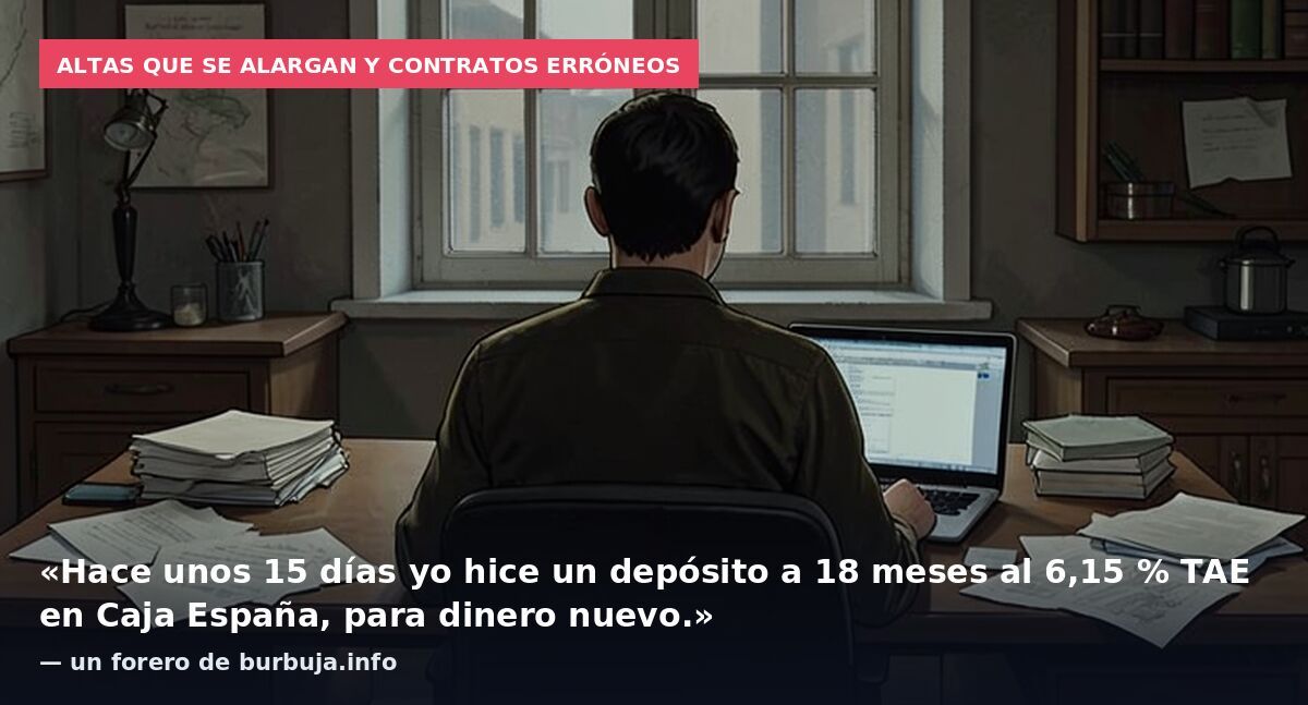 Altas que se alargan y contratos erróneos: «Hace unos 15 días yo hice un depósito a 18 meses al 6,15 % TAE en Caja España, para dinero nuevo.» — un forero de burbuja.info