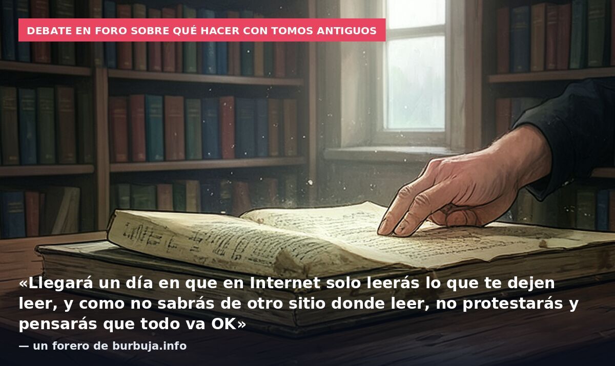 Debate en foro sobre qué hacer con tomos antiguos: «Llegará un día en que en Internet solo leerás lo que te dejen leer, y como no sabrás de otro sitio donde leer, no protestarás y pensarás que todo va OK» — un forero de burbuja.info