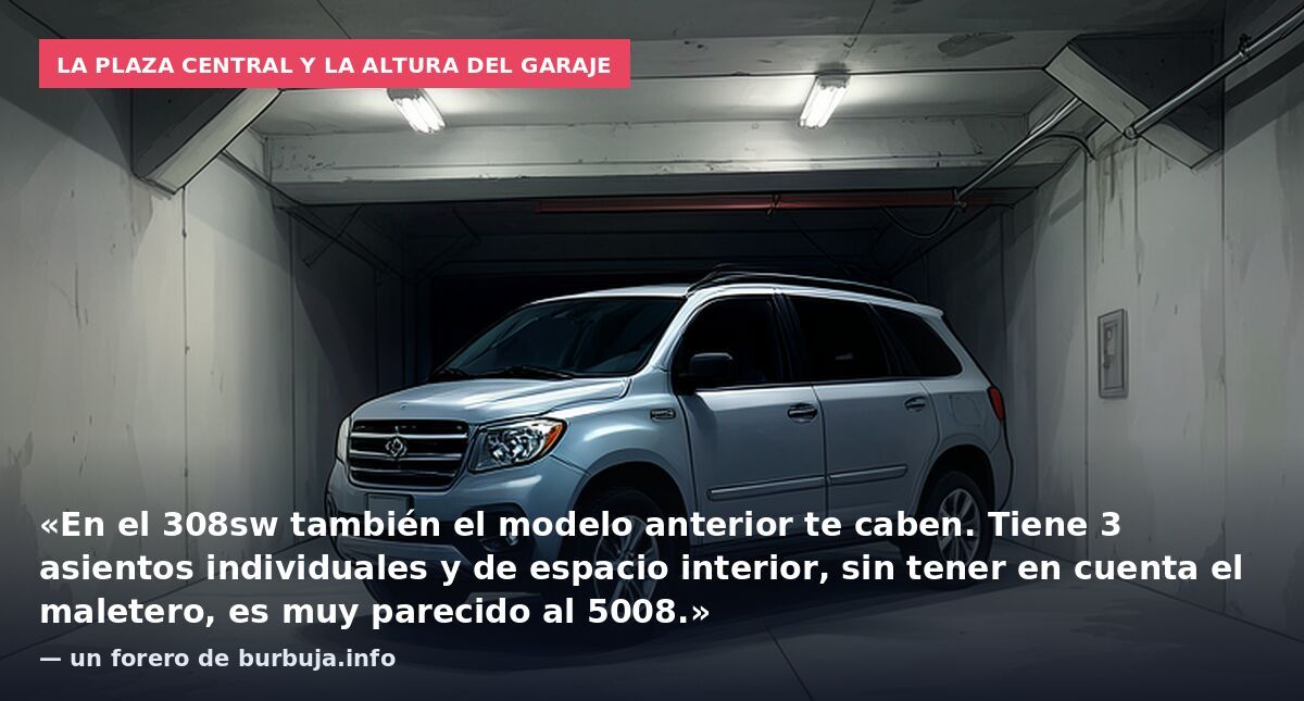 La plaza central y la altura del garaje: «En el 308sw también el modelo anterior te caben. Tiene 3 asientos individuales y de espacio interior, sin tener en cuenta el maletero, es muy parecido al 5008.» — un forero de burbuja.info