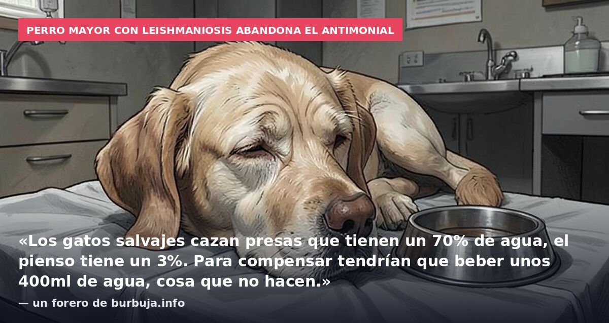 Perro mayor con leishmaniosis abandona el antimonial: «Los gatos salvajes cazan presas que tienen un 70% de agua, el pienso tiene un 3%. Para compensar tendrían que beber unos 400ml de agua, cosa que no hacen.» — un forero de burbuja.info