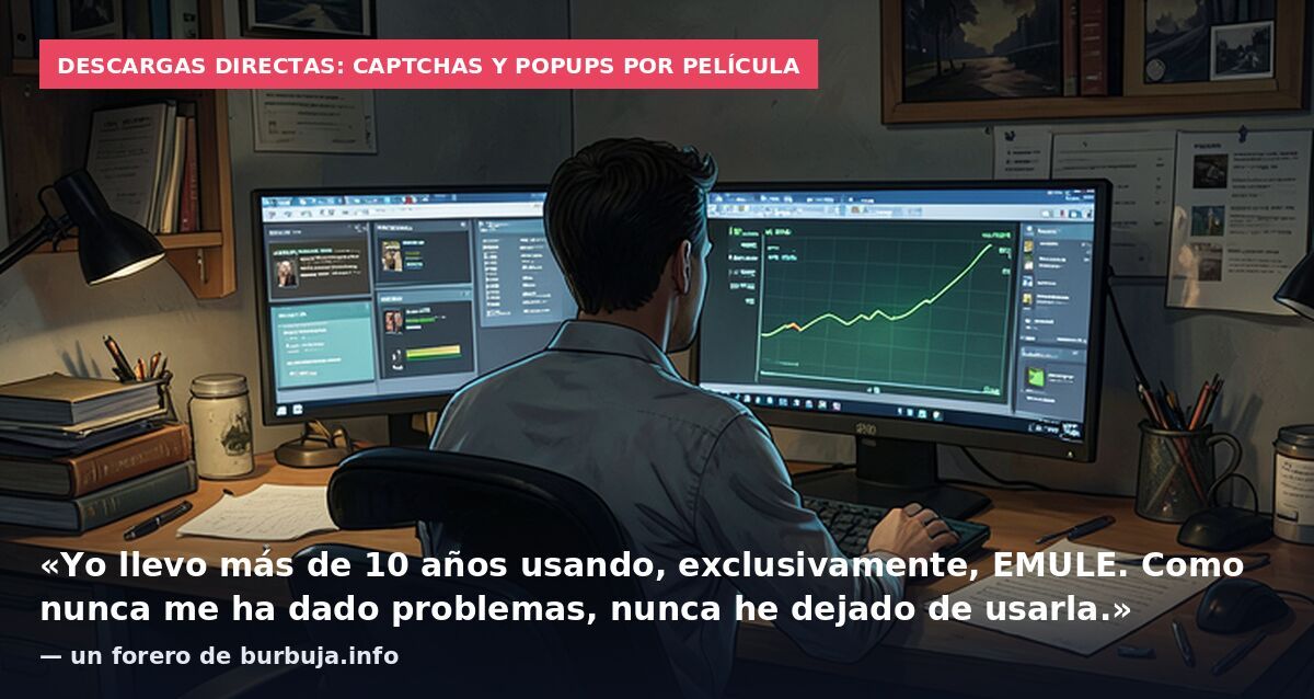Descargas directas: captchas y popups por película: «Yo llevo más de 10 años usando, exclusivamente, EMULE. Como nunca me ha dado problemas, nunca he dejado de usarla.» — un forero de burbuja.info
