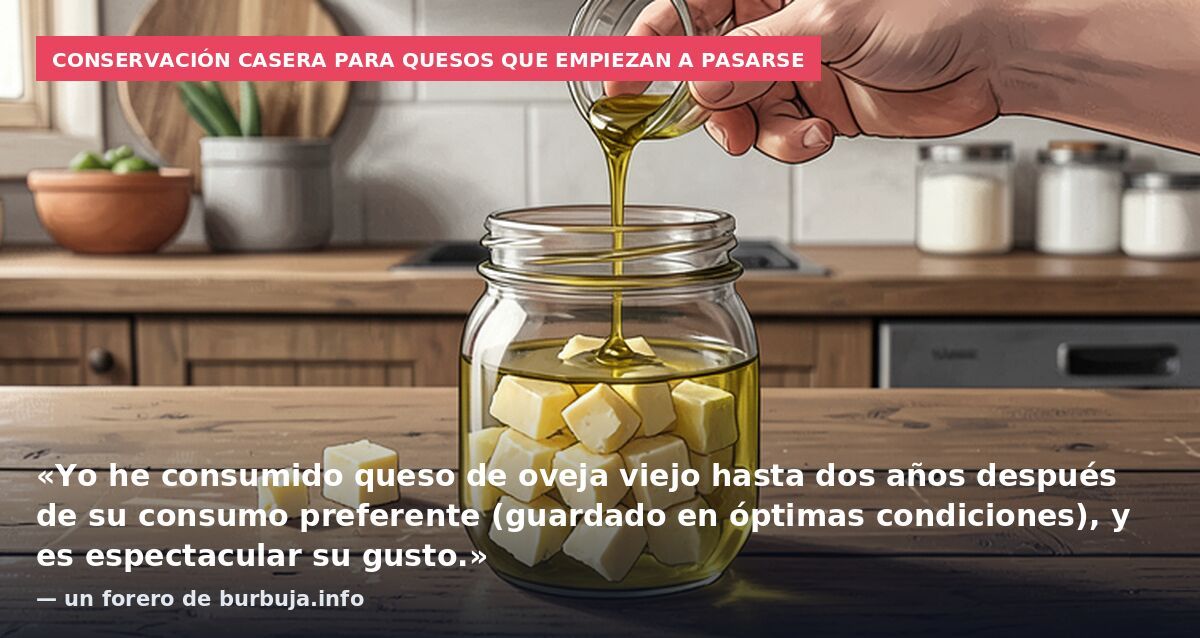 Conservación casera para quesos que empiezan a pasarse: «Yo he consumido queso de oveja viejo hasta dos años después de su consumo preferente (guardado en óptimas condiciones), y es espectacular su gusto.» — un forero de burbuja.info