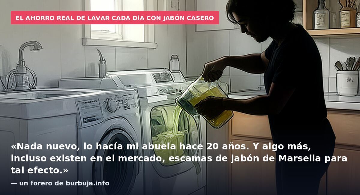El ahorro real de lavar cada día con jabón casero: «Nada nuevo, lo hacía mi abuela hace 20 años. Y algo más, incluso existen en el mercado, escamas de jabón de Marsella para tal efecto.» — un forero de burbuja.info