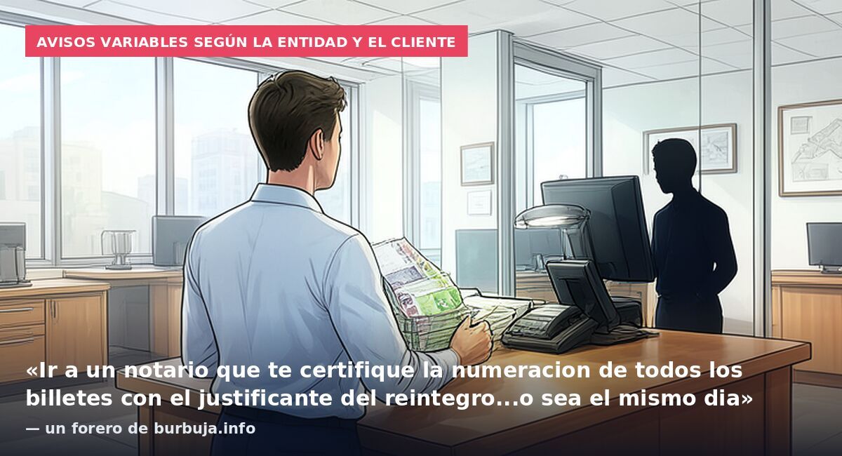 Avisos variables según la entidad y el cliente: «Ir a un notario que te certifique la numeracion de todos los billetes con el justificante del reintegro...o sea el mismo dia» — un forero de burbuja.info