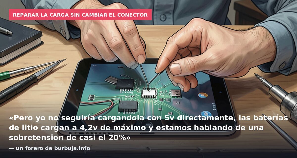 Reparar la carga sin cambiar el conector: «Pero yo no seguiría cargandola con 5v directamente, las baterías de litio cargan a 4,2v de máximo y estamos hablando de una sobretension de casi el 20%» — un forero de burbuja.info