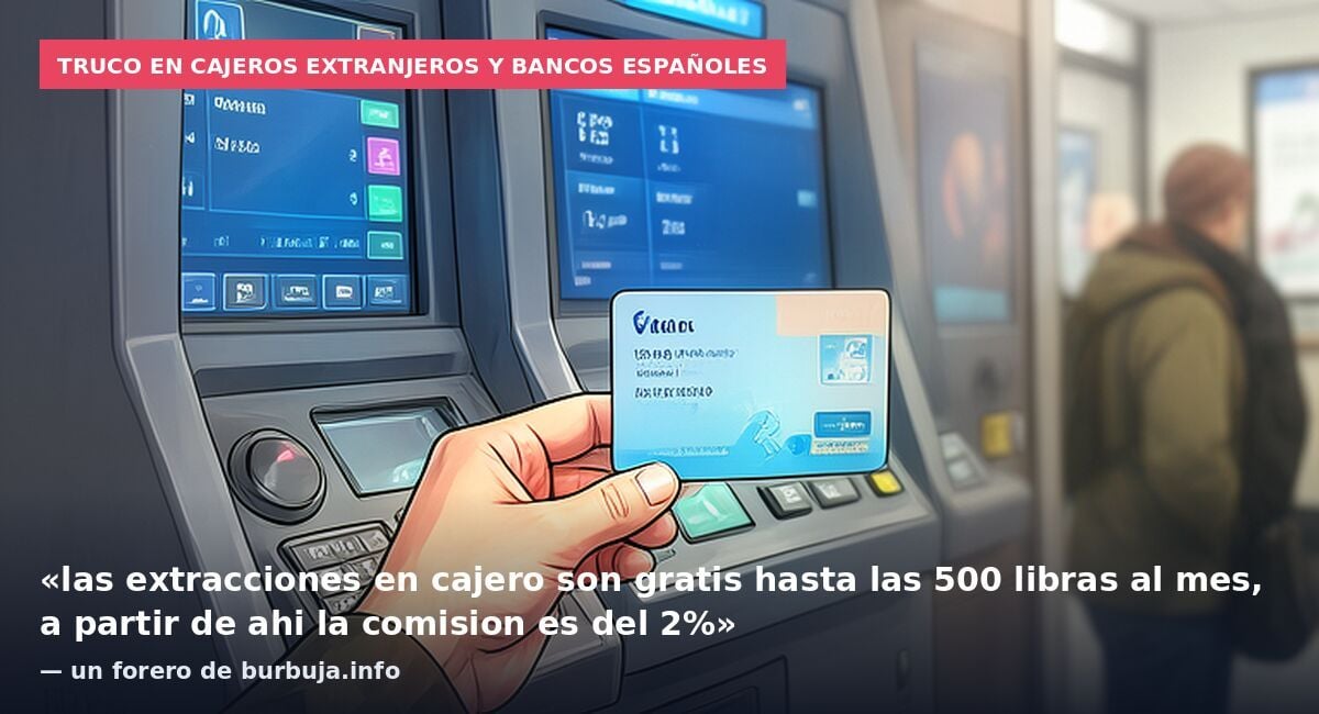 Truco en cajeros extranjeros y bancos españoles: «las extracciones en cajero son gratis hasta las 500 libras al mes, a partir de ahi la comision es del 2%» — un forero de burbuja.info