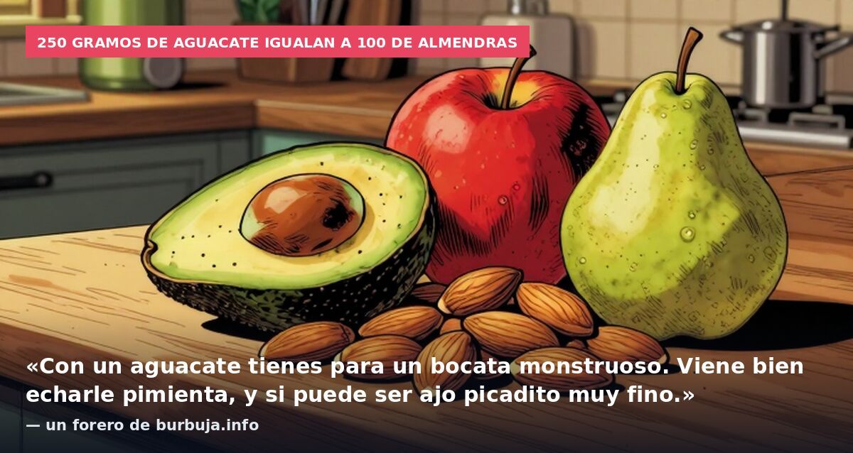 250 gramos de aguacate igualan a 100 de almendras: «Con un aguacate tienes para un bocata monstruoso. Viene bien echarle pimienta, y si puede ser ajo picadito muy fino.» — un forero de burbuja.info