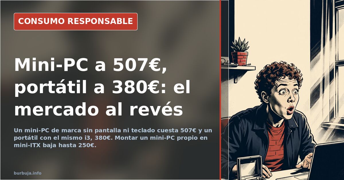 Mini-PC de sobremesa y portátil comparados por precio junto a un monitor y un teclado de escritorio