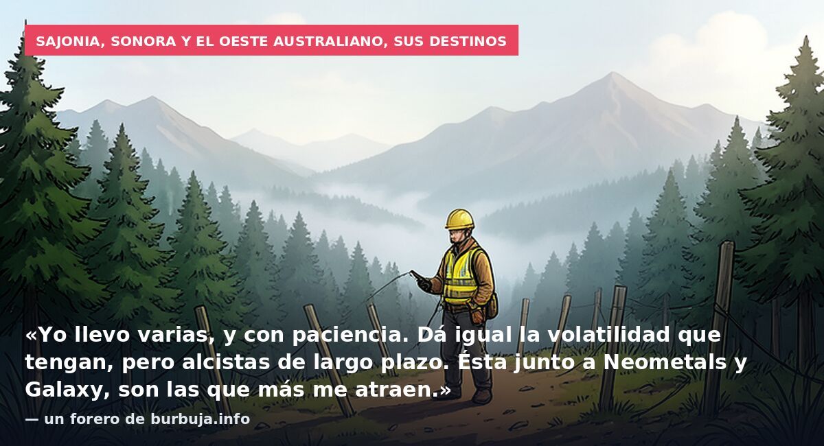 Sajonia, Sonora y el oeste australiano, sus destinos: «Yo llevo varias, y con paciencia. Dá igual la volatilidad que tengan, pero alcistas de largo plazo. Ésta junto a Neometals y Galaxy, son las que más me atraen.» — un forero de burbuja.info