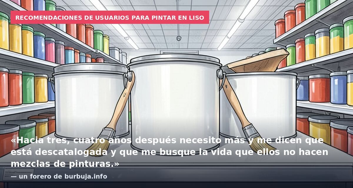 Recomendaciones de usuarios para pintar en liso: «Hacia tres, cuatro años después necesito más y me dicen que está descatalogada y que me busque la vida que ellos no hacen mezclas de pinturas.» — un forero de burbuja.info