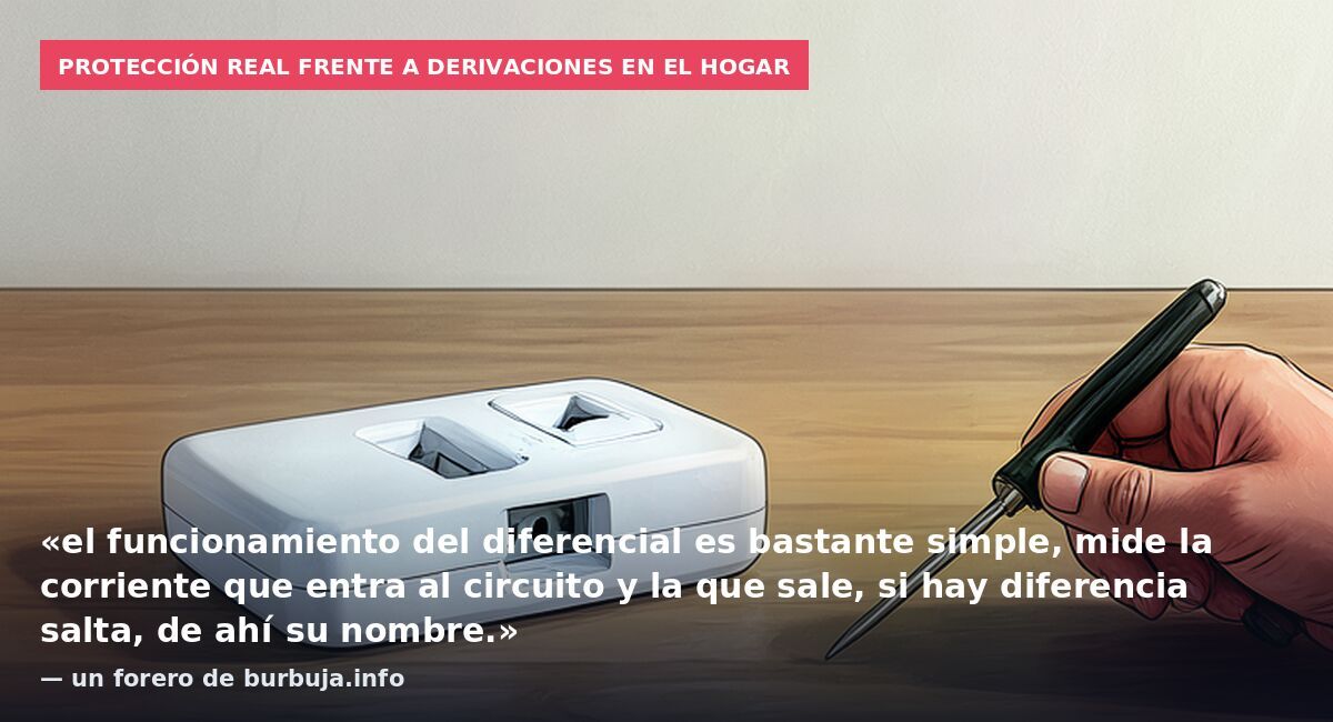 Protección real frente a derivaciones en el hogar: «el funcionamiento del diferencial es bastante simple, mide la corriente que entra al circuito y la que sale, si hay diferencia salta, de ahí su nombre.» — un forero de burbuja.info